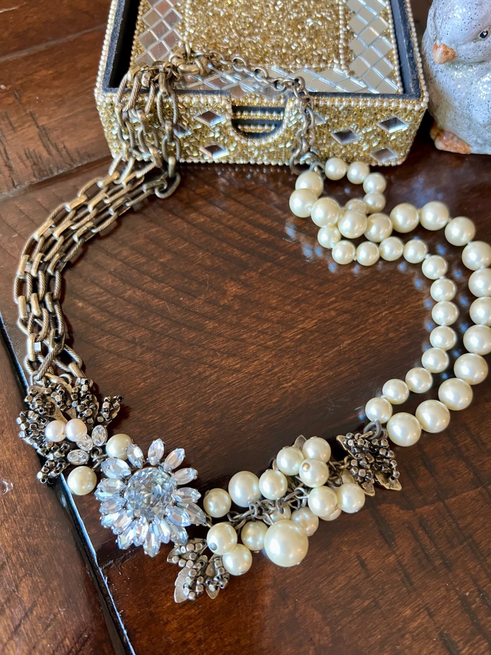 J.Crew Pearl Crystal Floral Statement Necklace Gold Tone Bridal